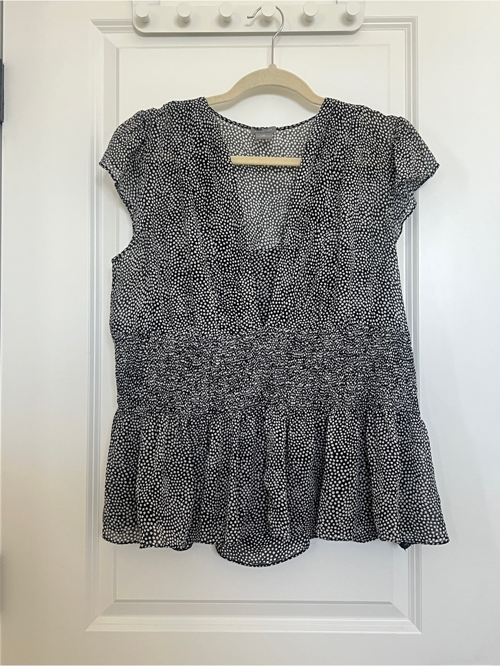 Ann Taylor Black and White Smocked Peplum Flutter Sleeve Top